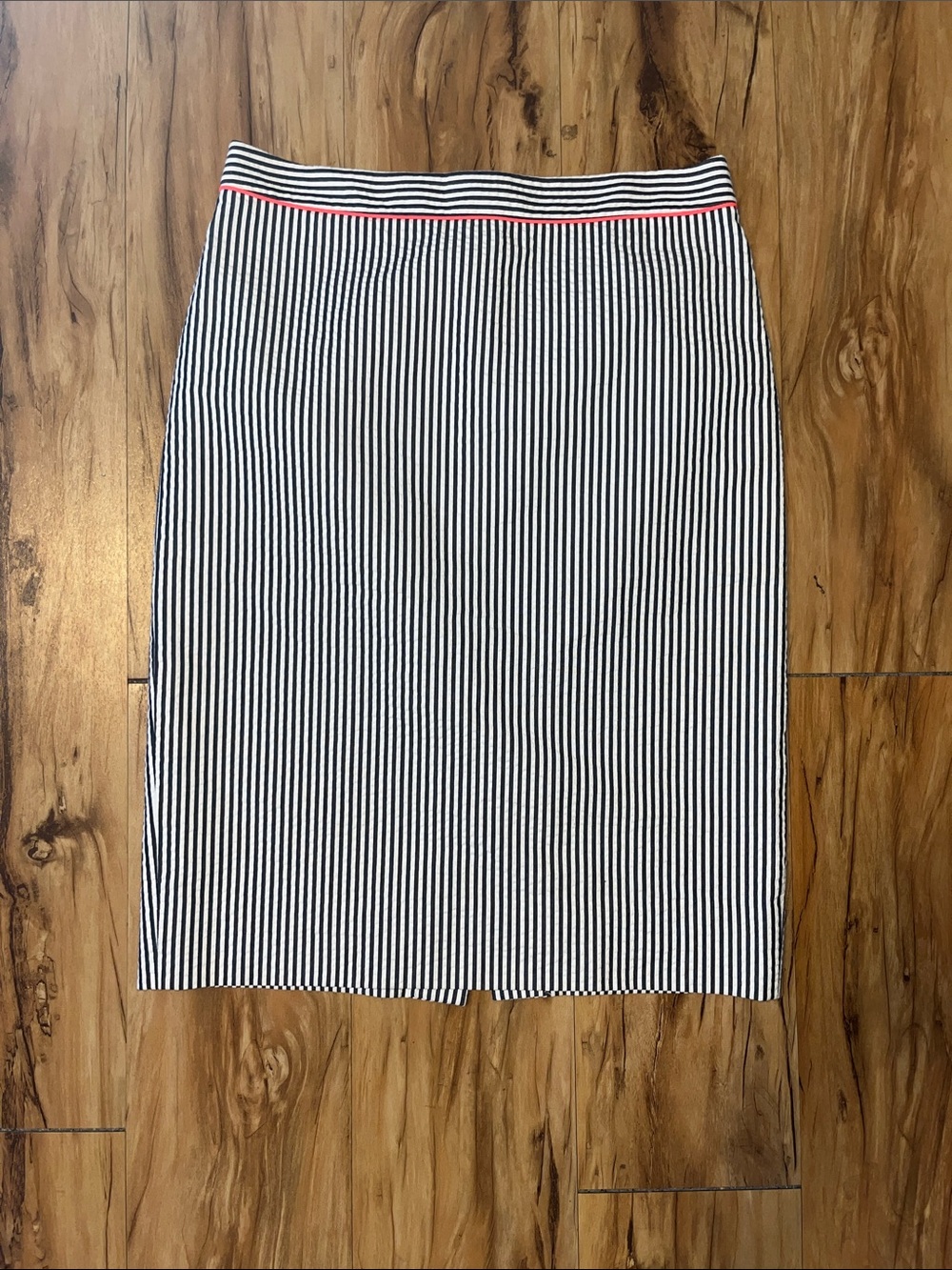 J. Crew Black and White Pinstripe Pencil Skirt with Hot Pink Waistband